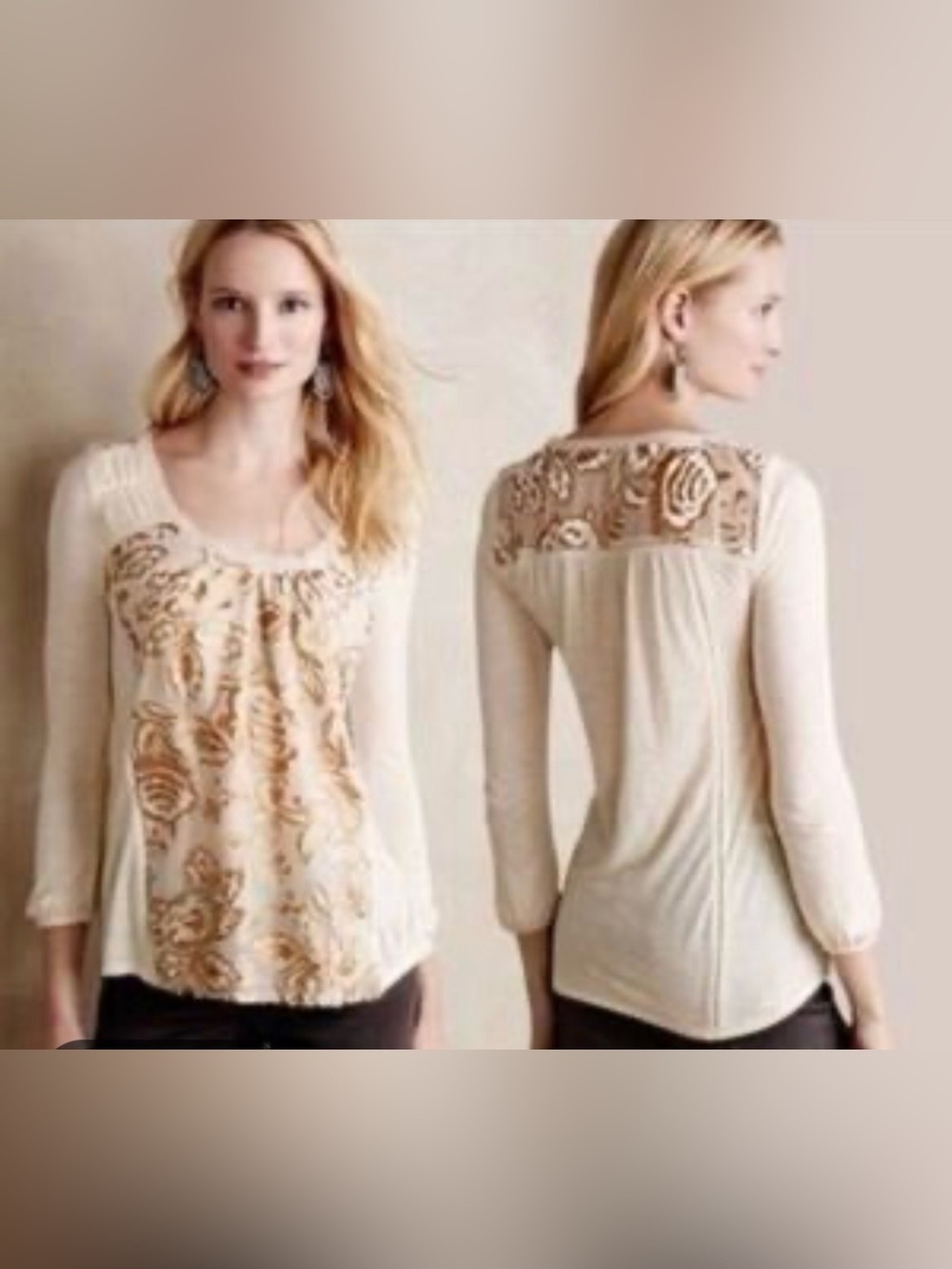 NWT Anthropologie Meadow Rue Mariana Peasant Burnout Velvet Top Cream Gold Sz L